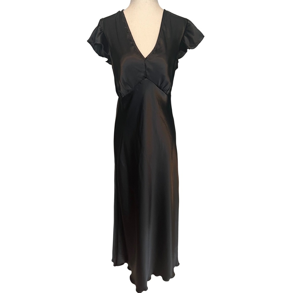 bebe Women's S Black Satin Maxi Dress Empire Waist V-Neck Y2K Formal Event Glam‎